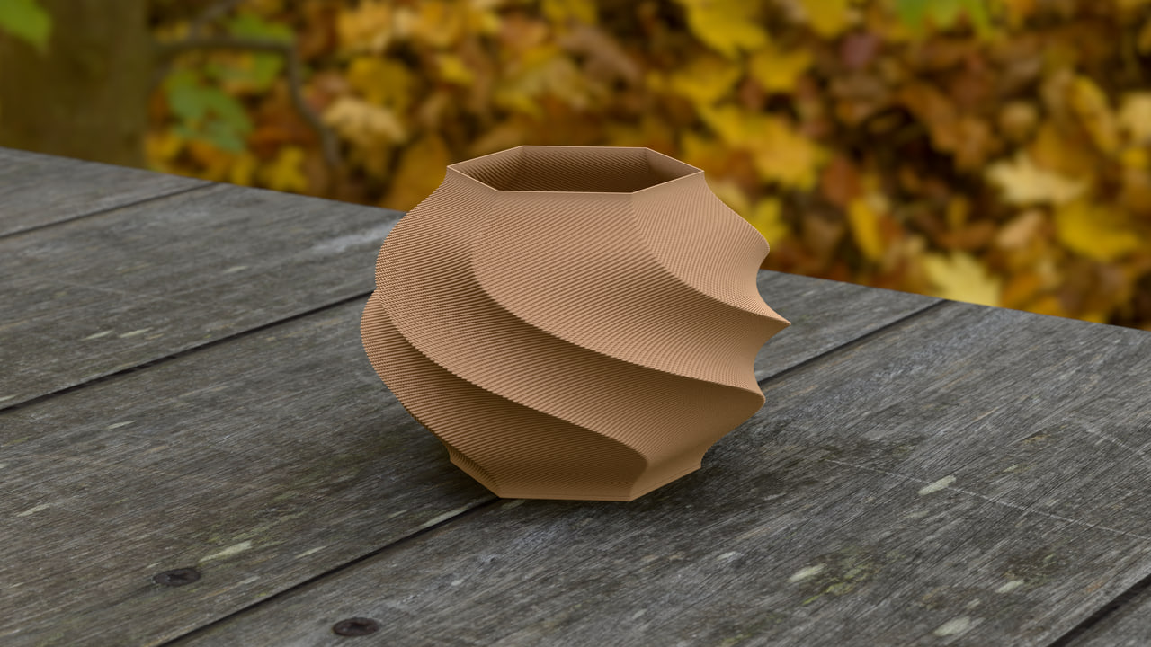 The Gelato lamp in PLA Matte Latte Brown in the autumn table set, under autumn daylight light.