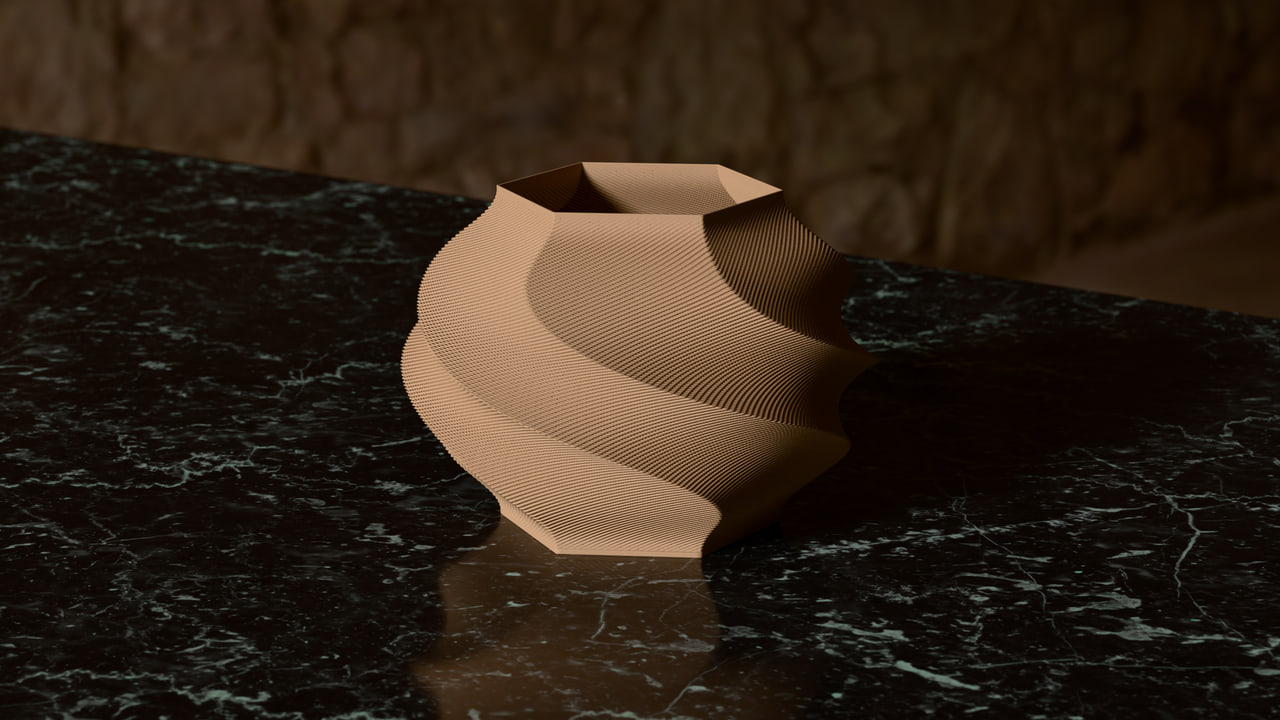 The Gelato lamp in PLA Matte Latte Brown in the black marble set, under cellar daylight light.