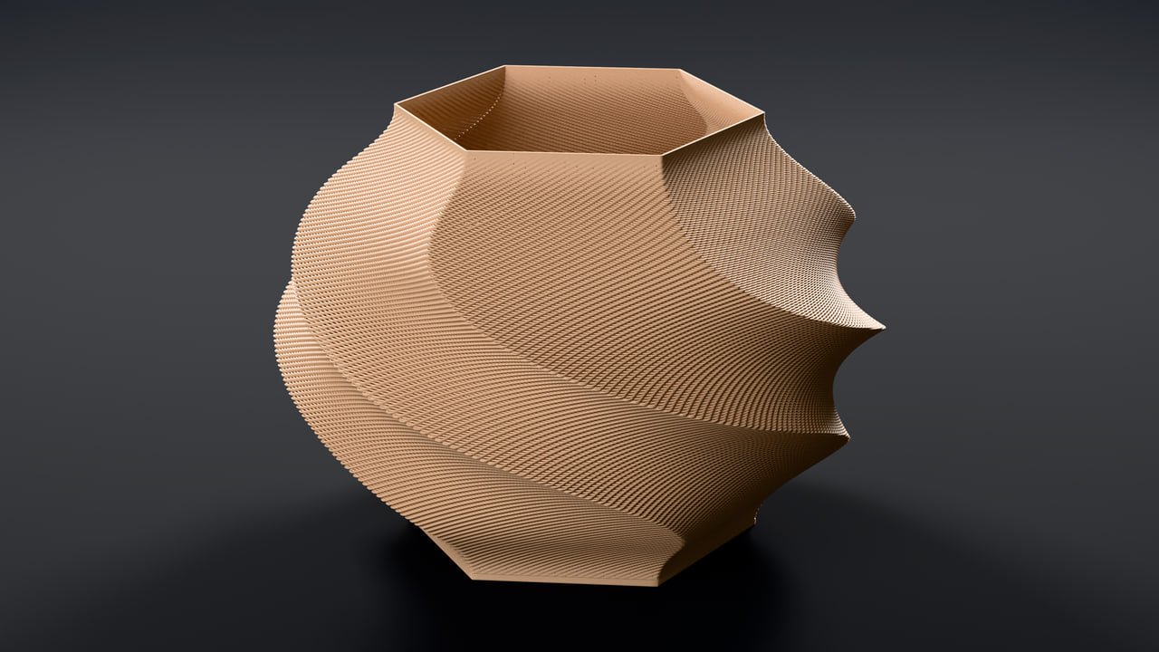 The Gelato lamp in PLA Matte Latte Brown in the black sweep scene, under rim light.