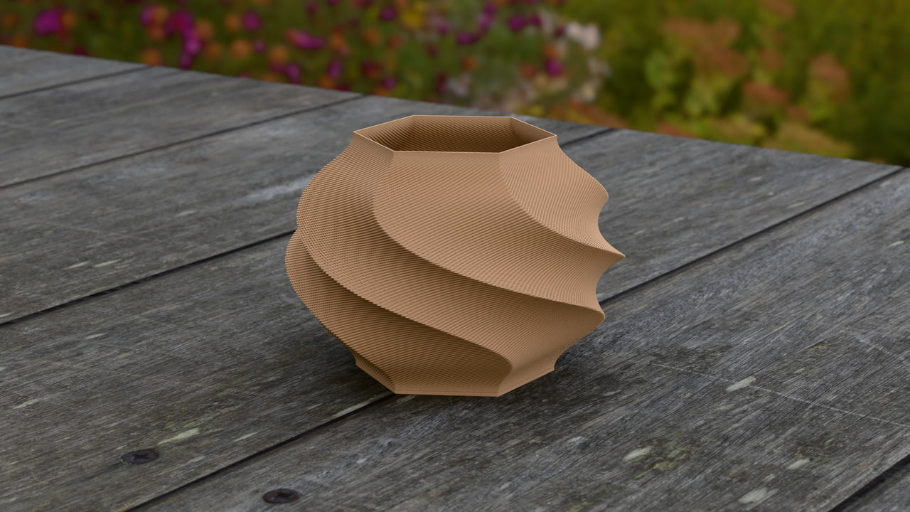 The Gelato lamp in PLA Matte Latte Brown in the garden table set, under garden daylight light.