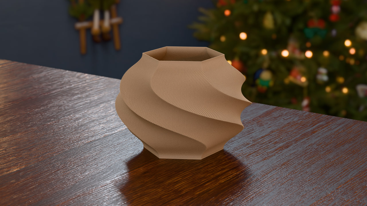 The Gelato lamp in PLA Matte Latte Brown in the holiday table set, under holiday evening light.