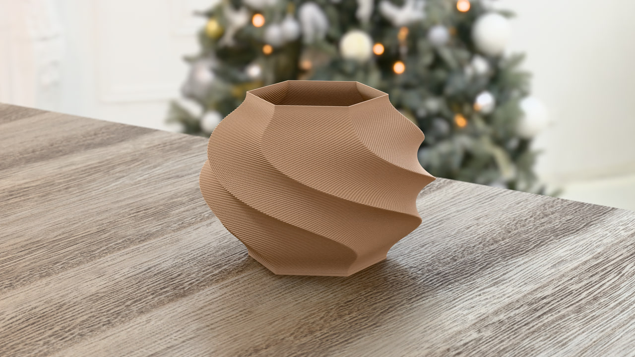The Gelato lamp in PLA Matte Latte Brown in the holiday table, bright set, under holiday white light.