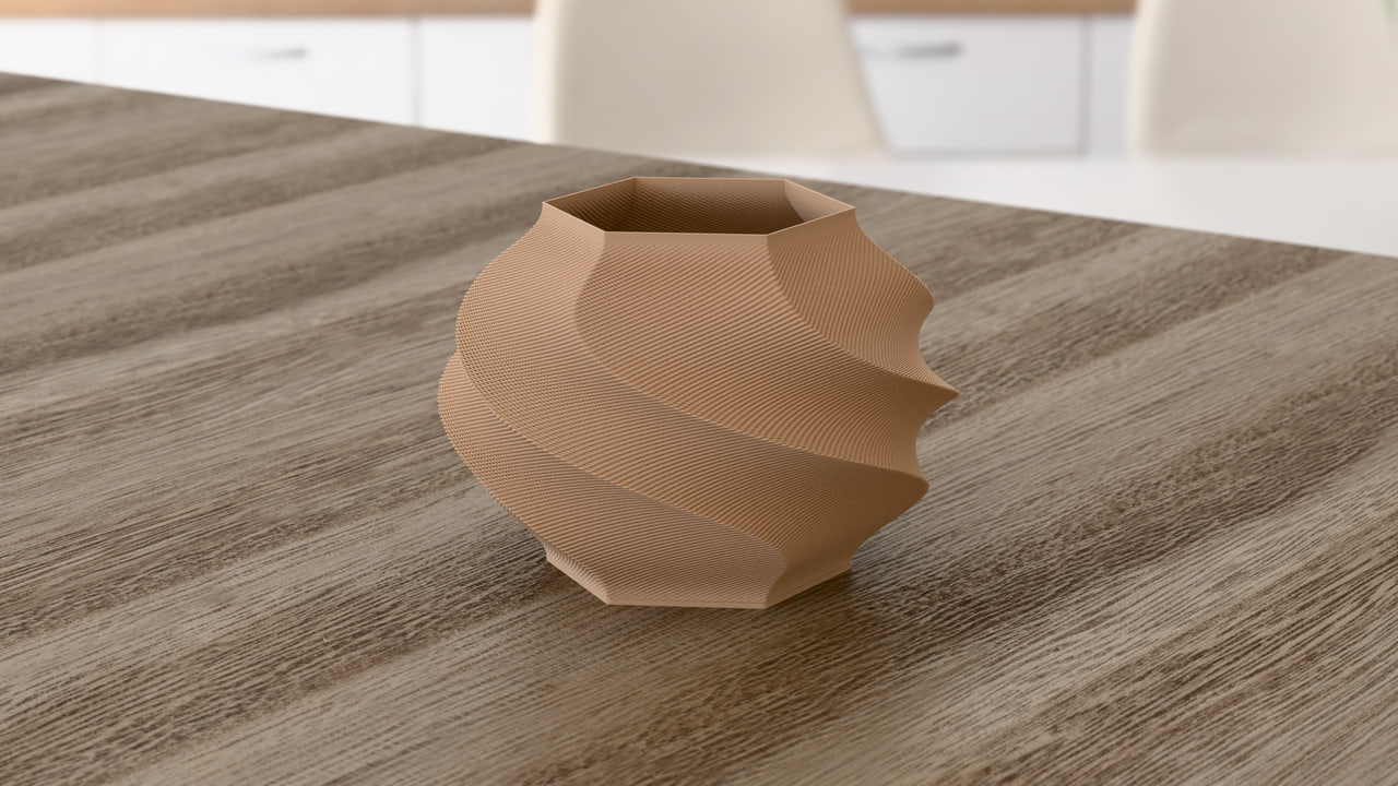 The Gelato lamp in PLA Matte Latte Brown in the kitchen counter set, under kitchen daylight light.