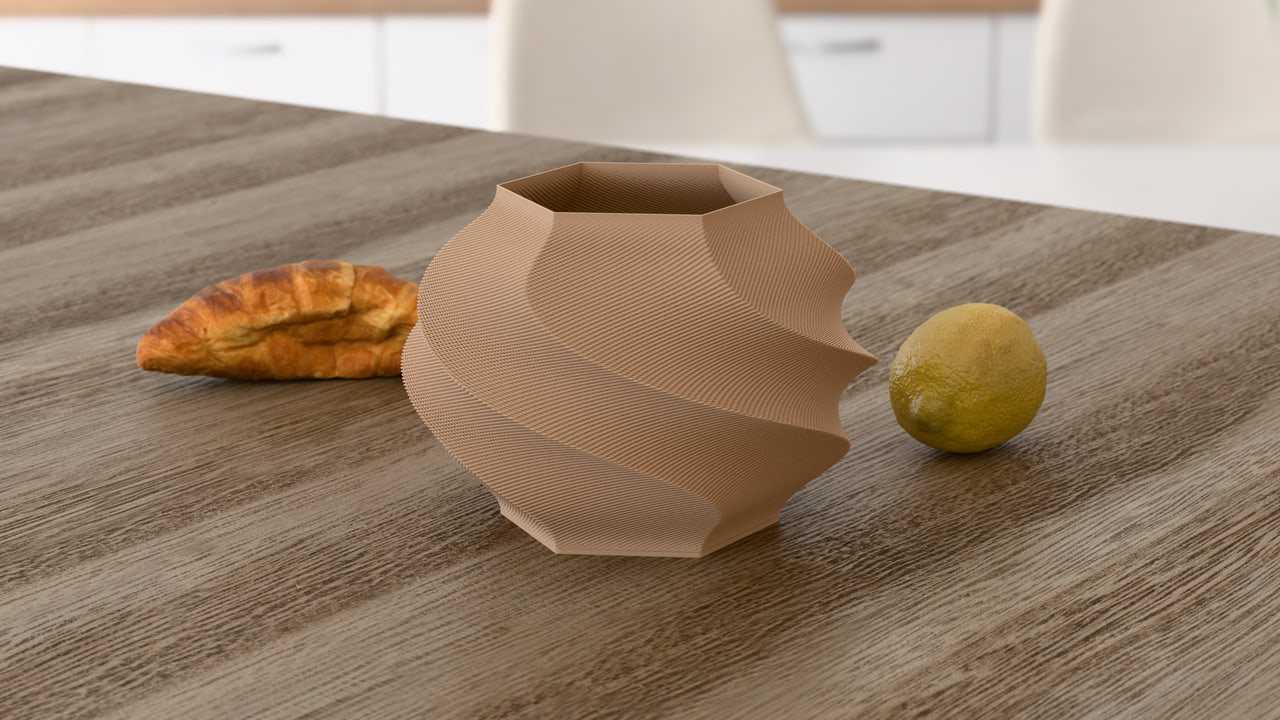 The Gelato lamp in PLA Matte Latte Brown in the kitchen counter, styled set, under kitchen daylight light.