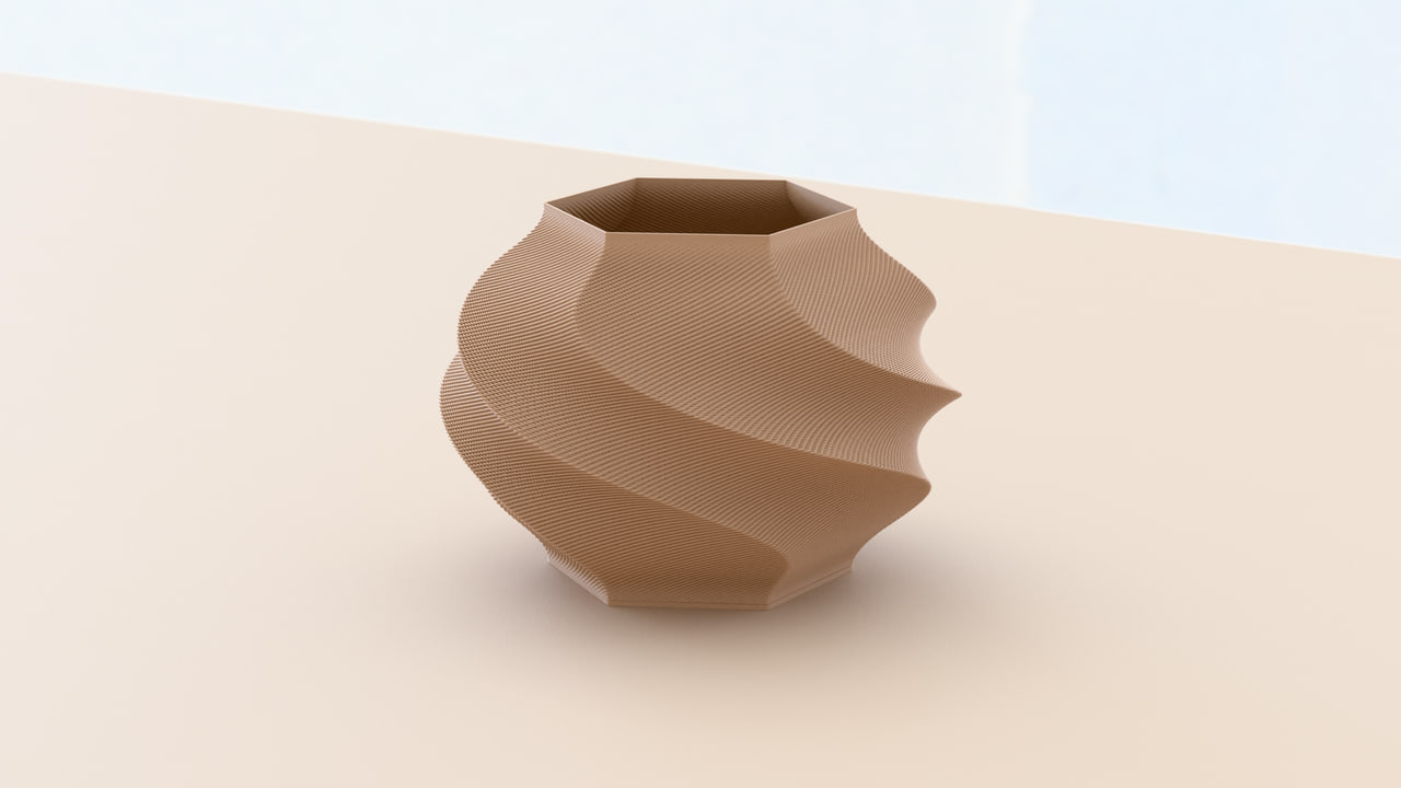The Gelato lamp in PLA Matte Latte Brown in the linen cloth set, under window daylight light.