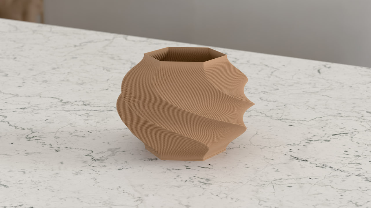 The Gelato lamp in PLA Matte Latte Brown in the marble table set, under hall daylight light.
