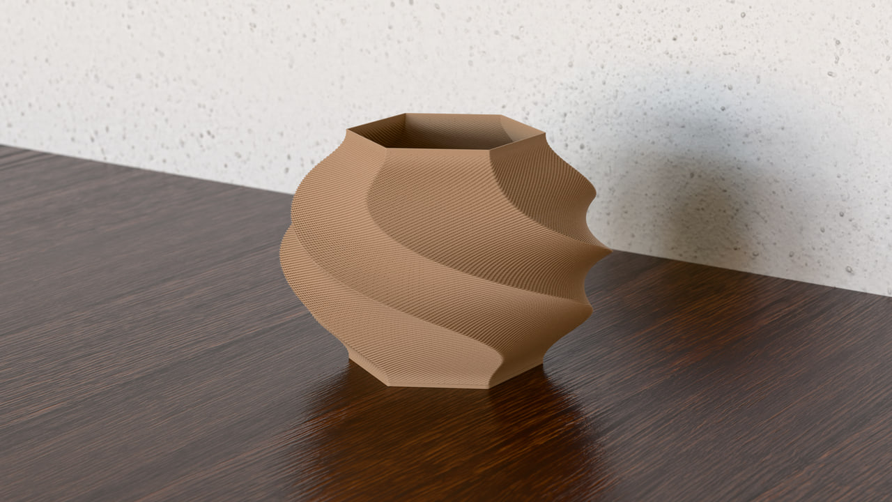 The Gelato lamp in PLA Matte Latte Brown in the nightstand set, under reading daylight light.