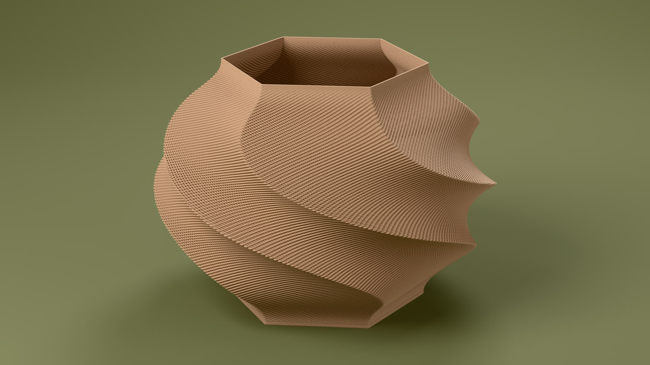 The Gelato lamp in PLA Matte Latte Brown in the olive paper scene, under studio light.