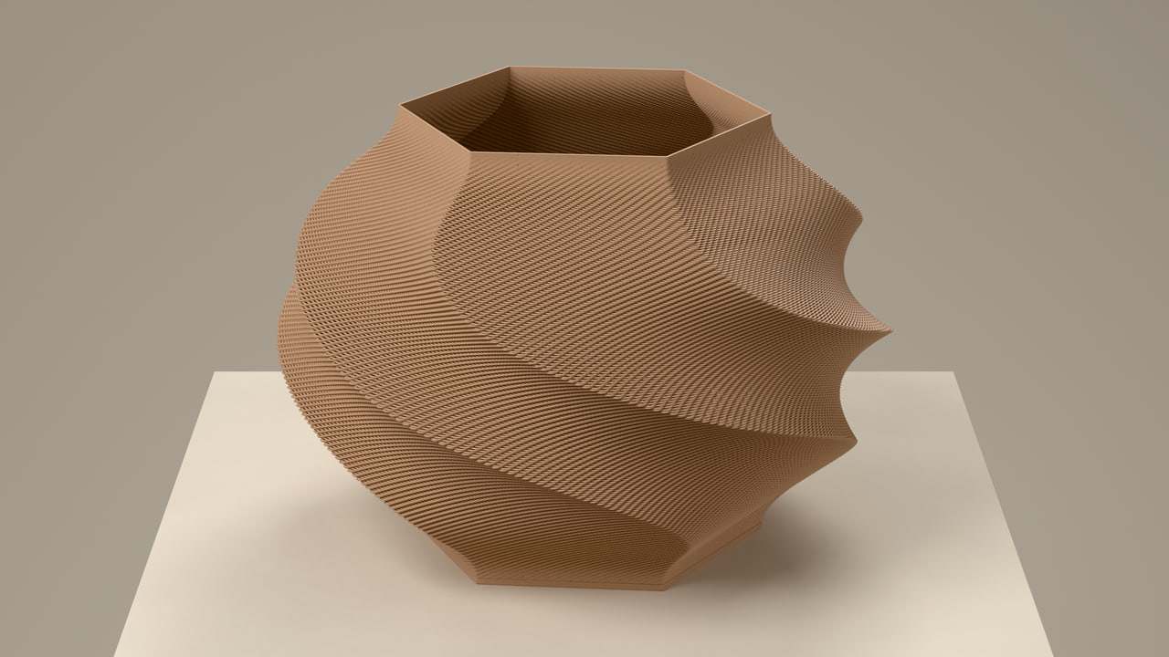 The Gelato lamp in PLA Matte Latte Brown in the stone plinth scene, under studio light.