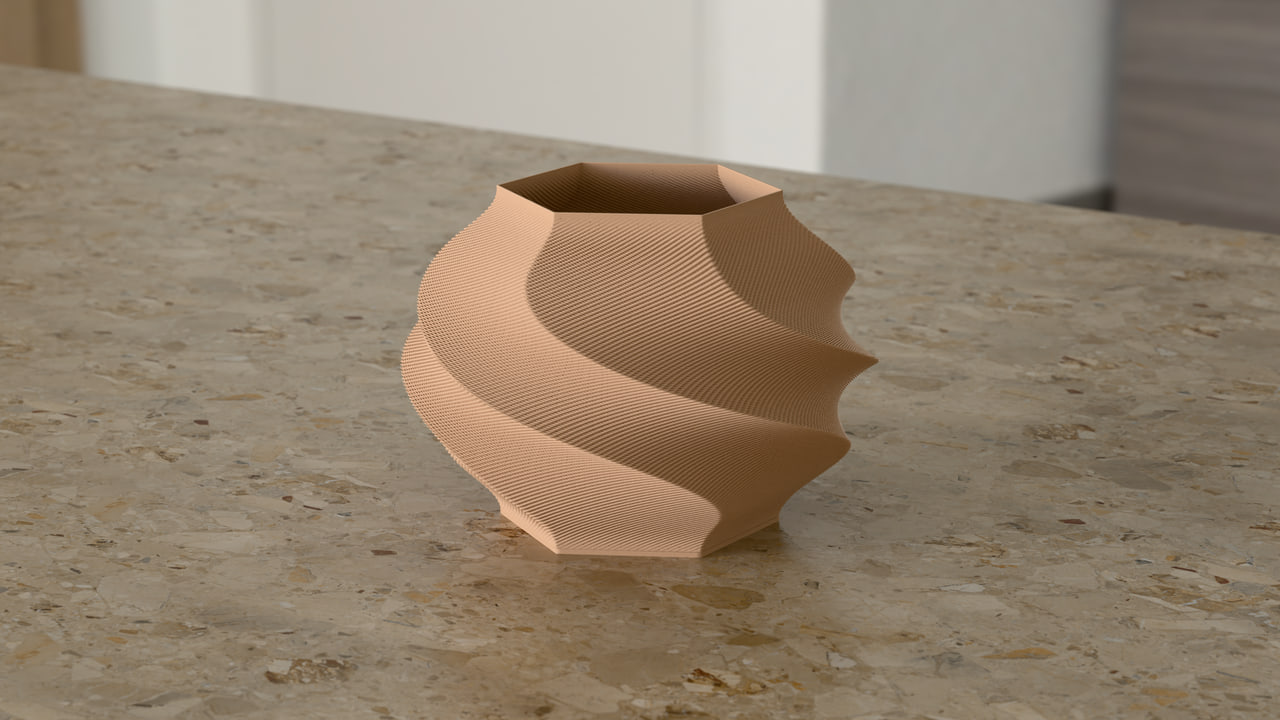 The Gelato lamp in PLA Matte Latte Brown in the terrazzo counter set, under bathroom daylight light.