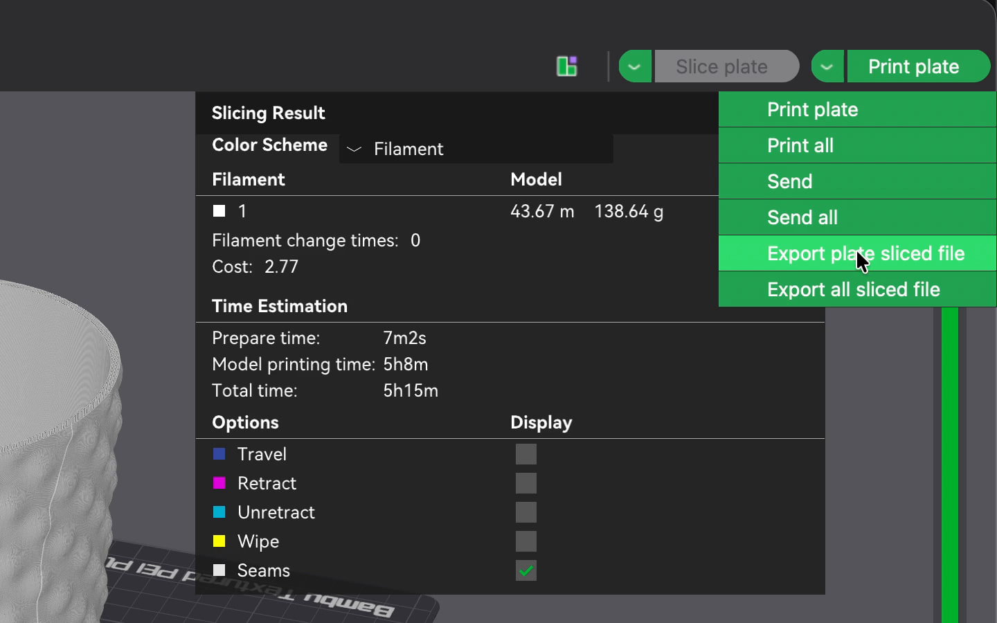 Bambu Studio: the menu beside Print plate, open, with Export plate sliced file highlighted. The menu: Print plate, Print all, Send, Send all, Export plate sliced file, Export all sliced file.