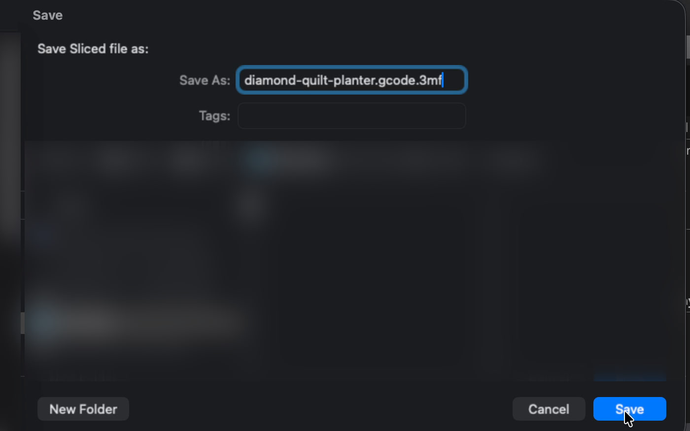 The save panel for the sliced file, named diamond-quilt-planter.gcode.3mf.