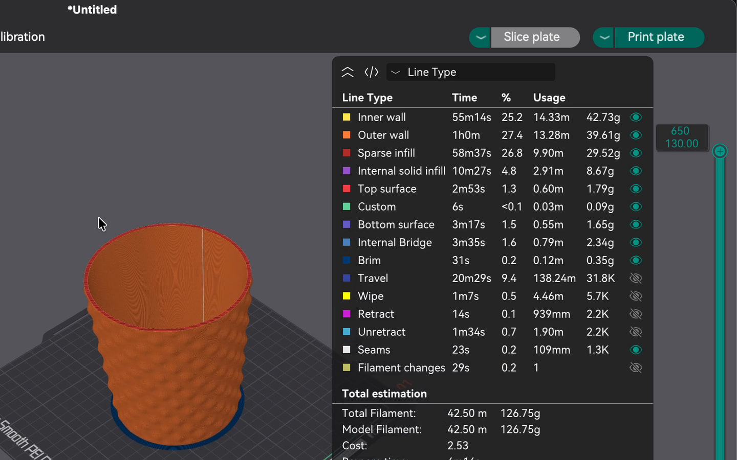 OrcaSlicer 2.4.2 after slicing: the planter on the plate in Preview, with the line types and the time estimate.
