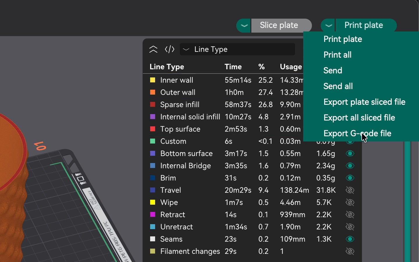 OrcaSlicer: the menu beside the print button, open, with Export G-code file highlighted. The menu: Print plate, Print all, Send, Send all, Export plate sliced file, Export all sliced file, Export G-code file.