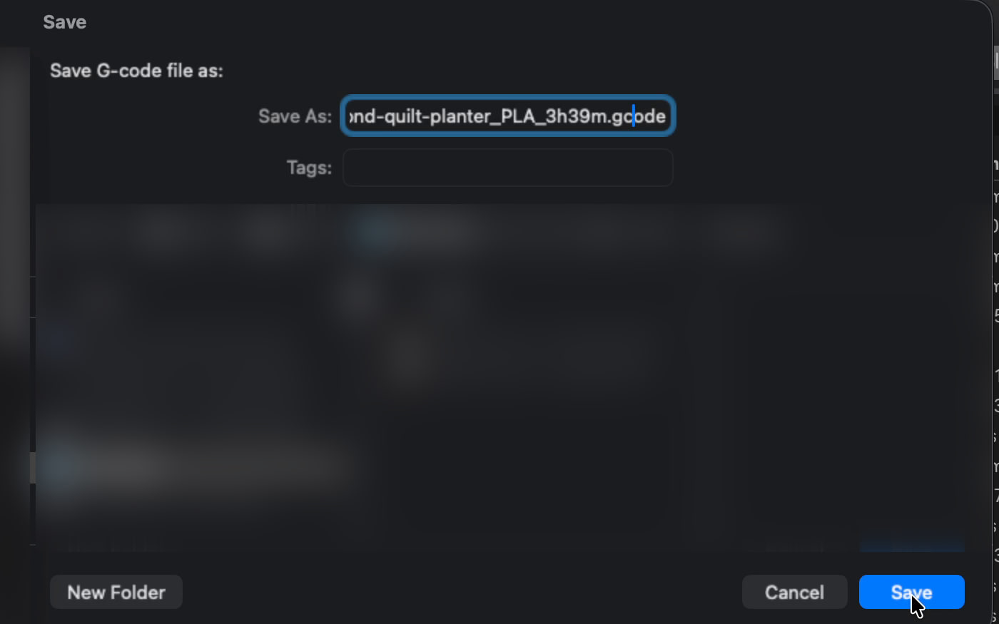 The save panel for the G-code file, a .gcode.