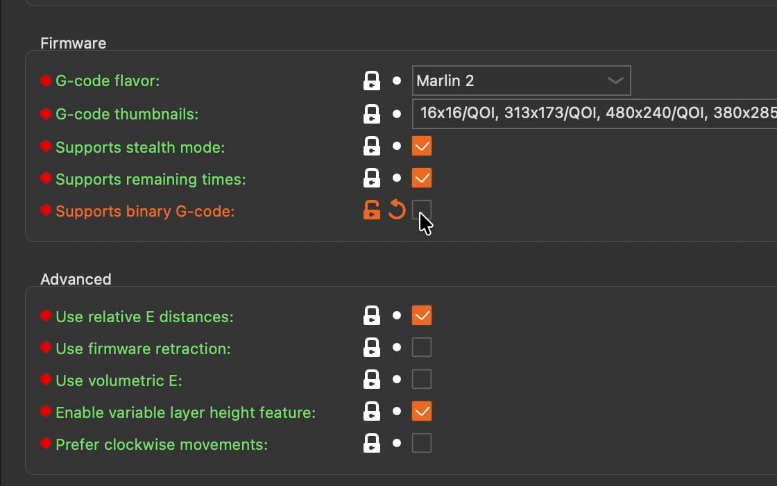 PrusaSlicer 2.9.6’s Firmware settings for the printer, with Supports binary G-code unticked.