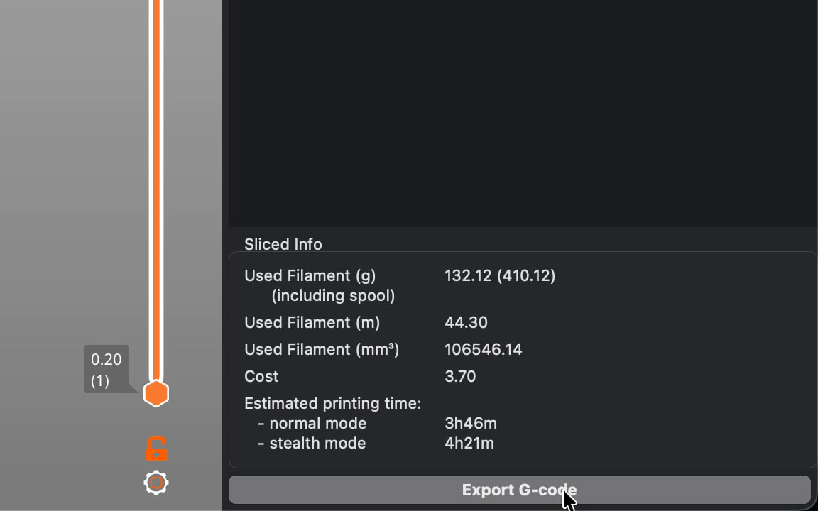 PrusaSlicer after slicing, with the pointer on Export G-code under the sliced info.